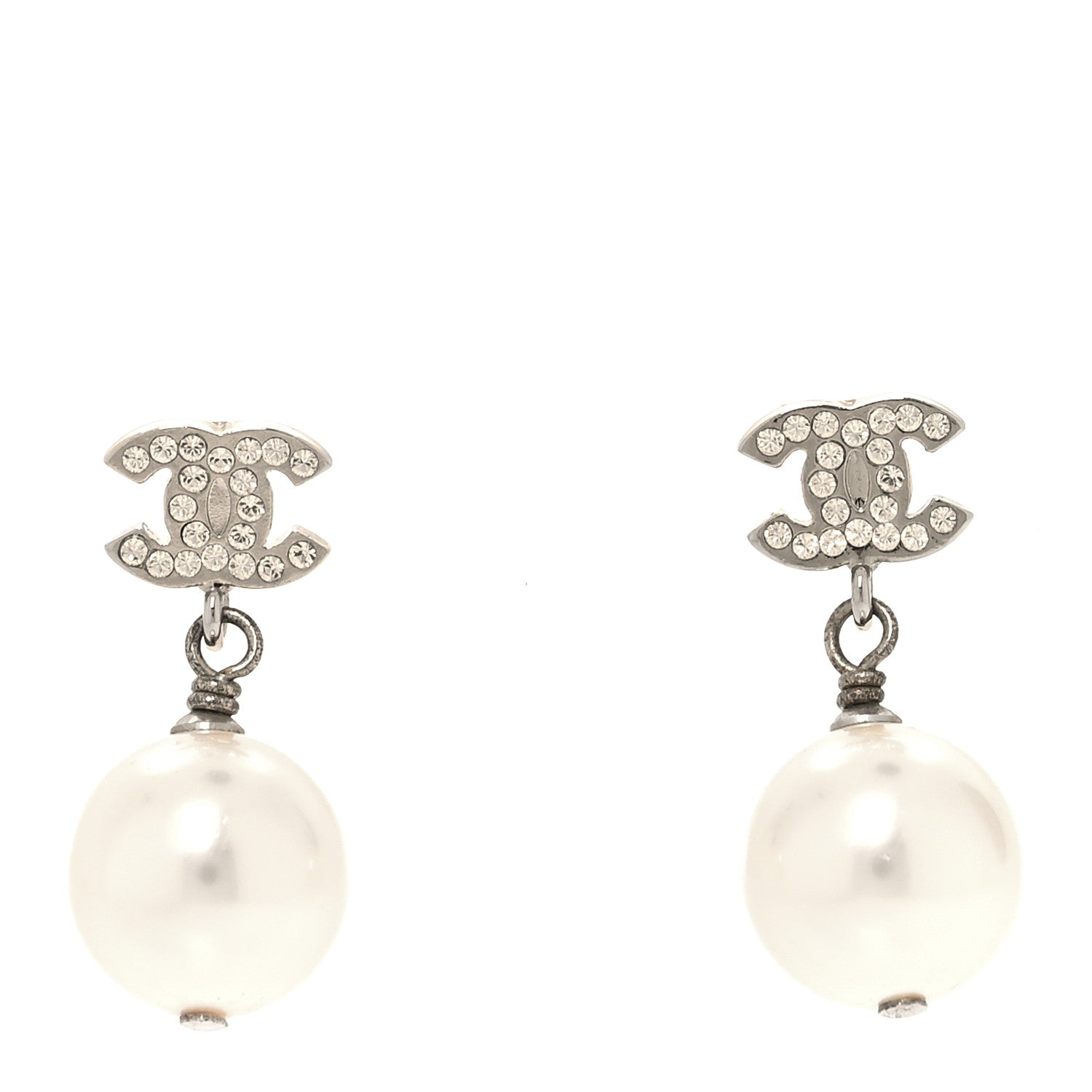 Chanel Crystal Pearl CC Drop Earrings Silver Pearly White 1 of 5