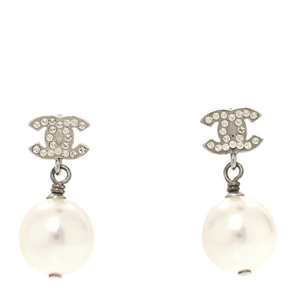 Chanel Crystal Pearl CC Drop Earrings Silver Pearly White 1 of 5
