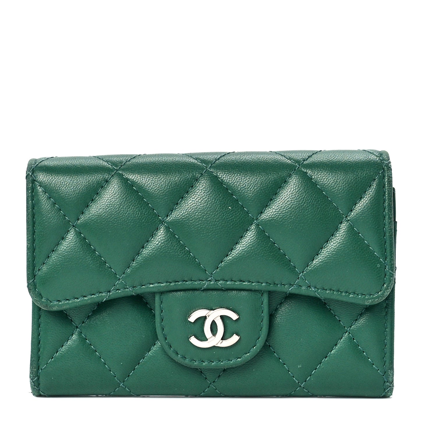 Lambskin Quilted Flap Card Holder Wallet Green