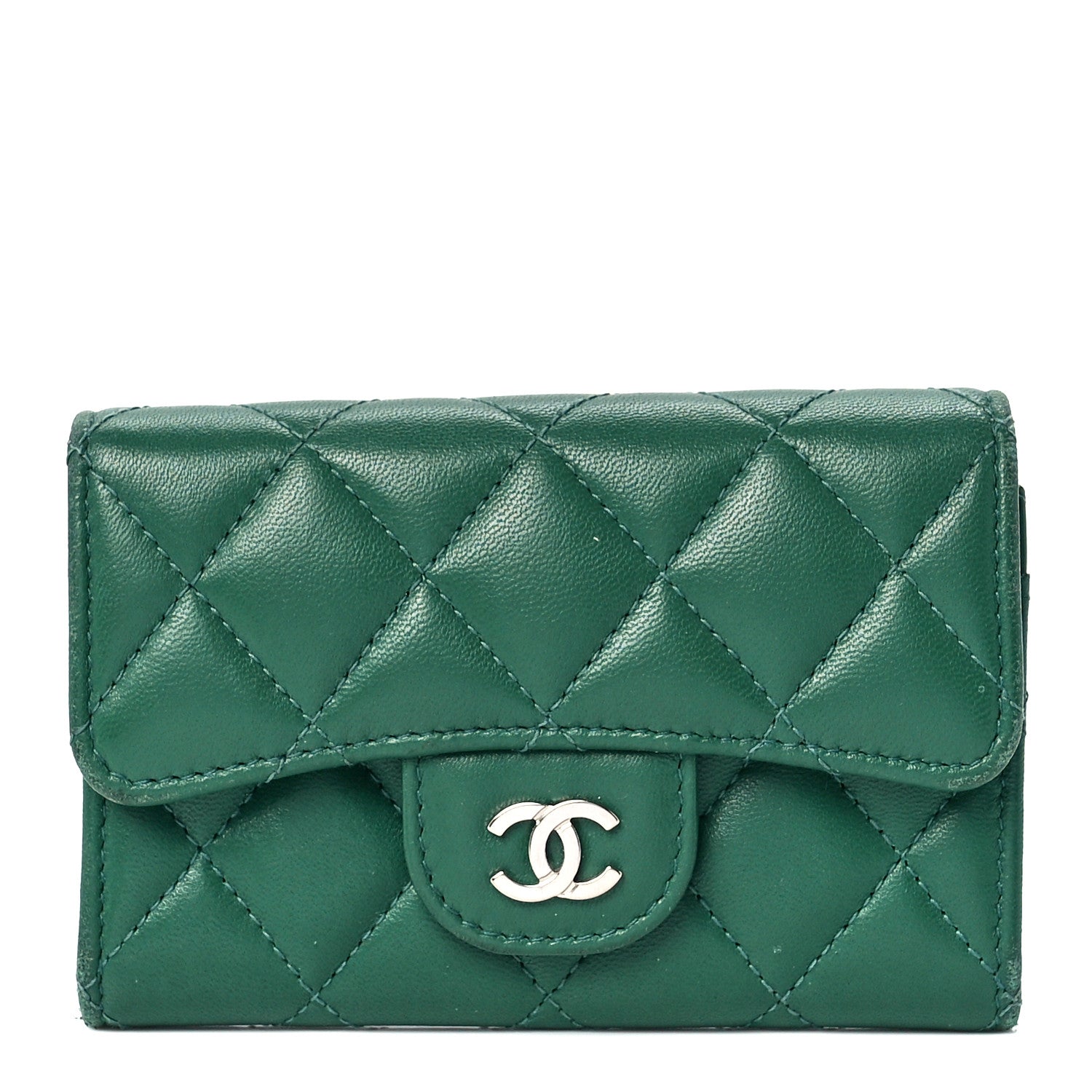 Chanel Lambskin Quilted Flap Card Holder Wallet Green 1 of 12