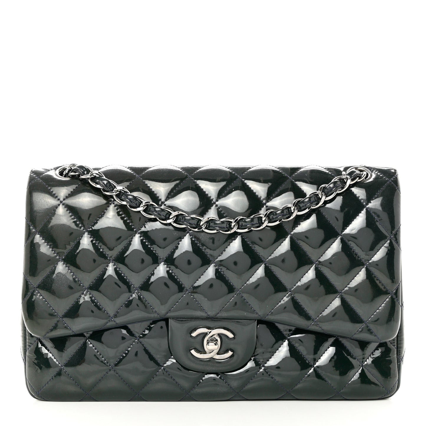 Patent Quilted Jumbo Double Flap Navy Blue