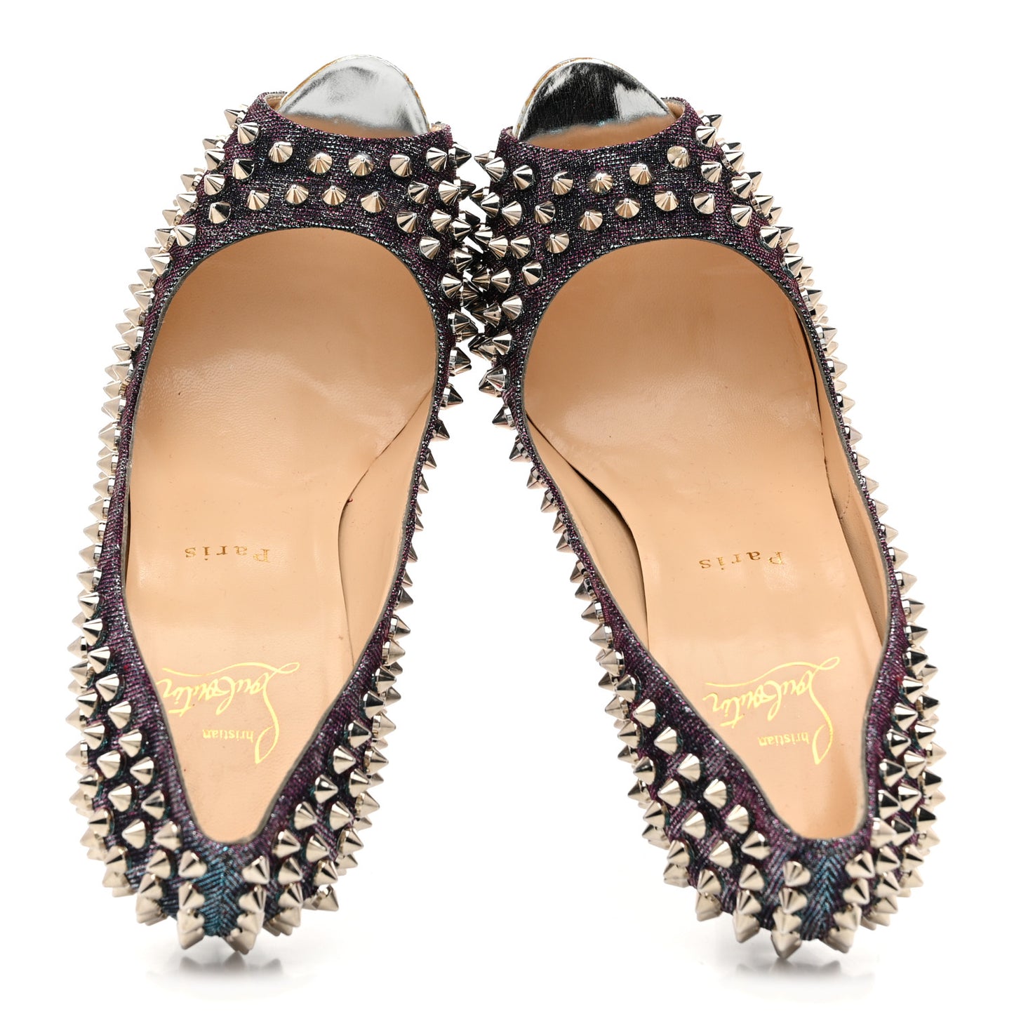Lame Satin Lady Peep Spikes 150 Pumps 39 Turquoise Violet Silver