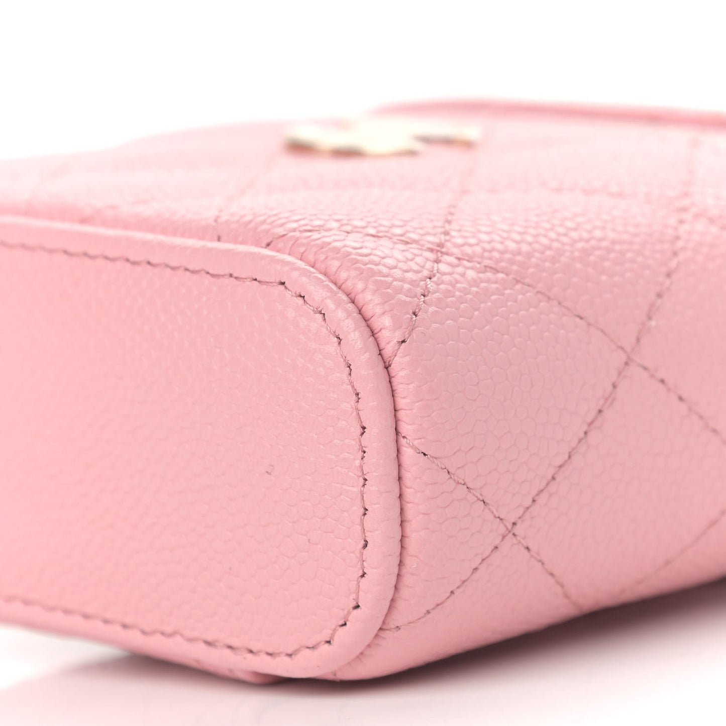 Caviar Quilted Small Handle With Care Vanity Case With Chain Pink