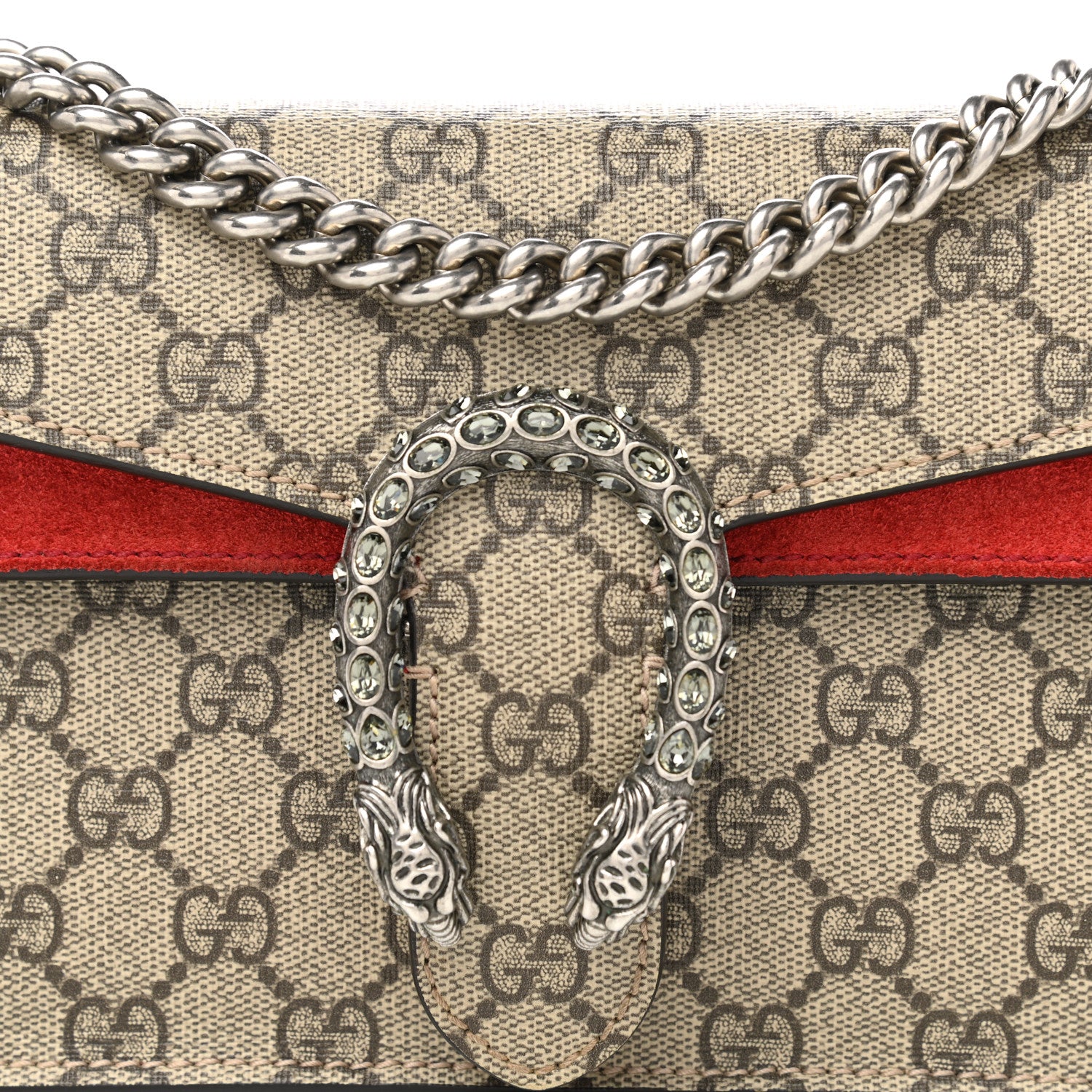 Gucci GG Supreme Monogram Suede Crystal Small Dionysus Shoulder Bag Beige Ebony Vulcanic Red 8 of 11
