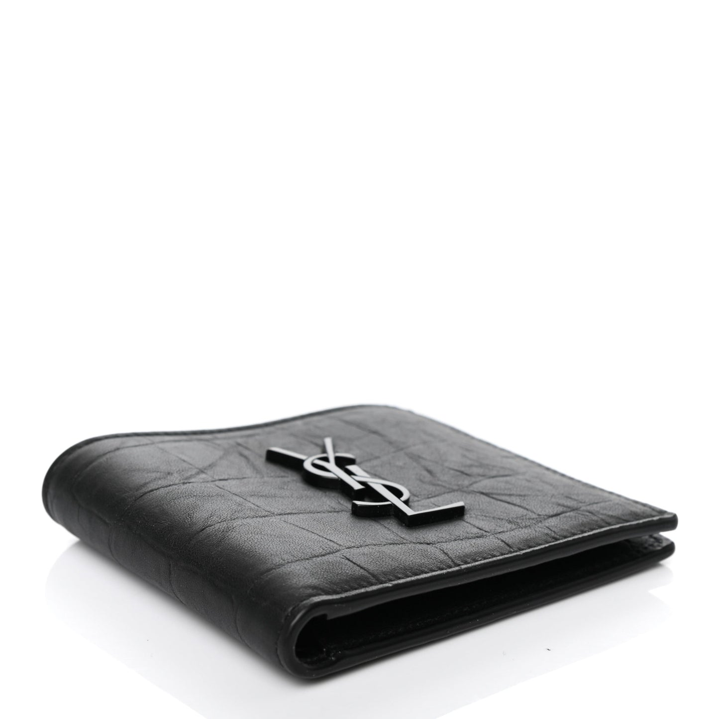 Calfskin Crocodile Embossed Monogram Bifold Wallet Black