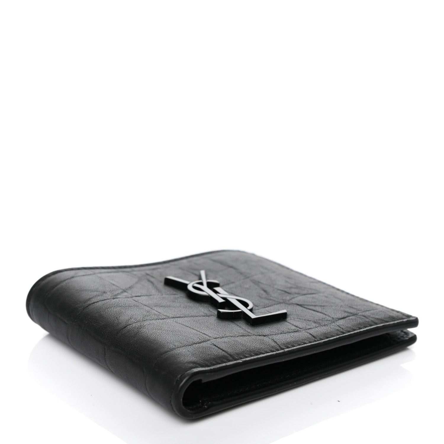 Saint Laurent Calfskin Crocodile Embossed Monogram Bifold Wallet Black 4 of 7