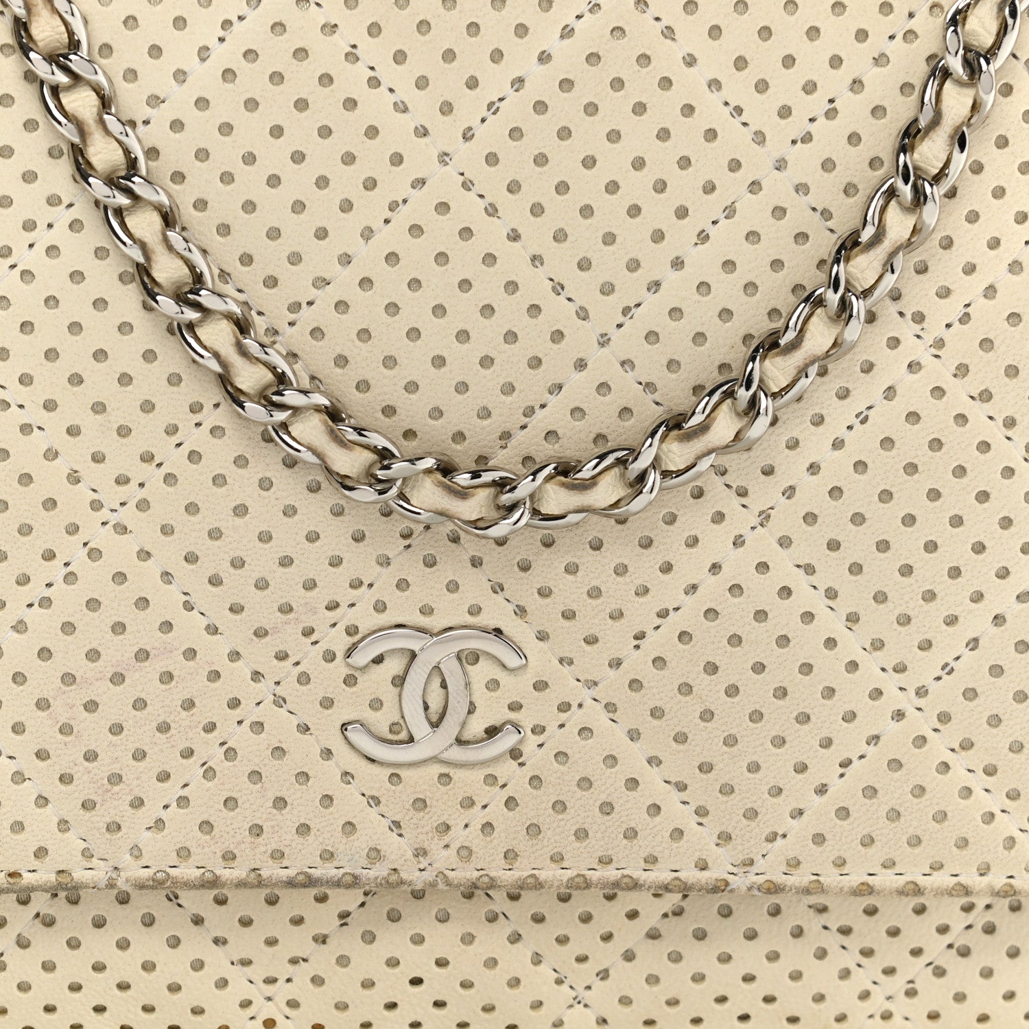 Chanel Perforated Lambskin Quilted Wallet On Chain WOC Beige 9 of 14