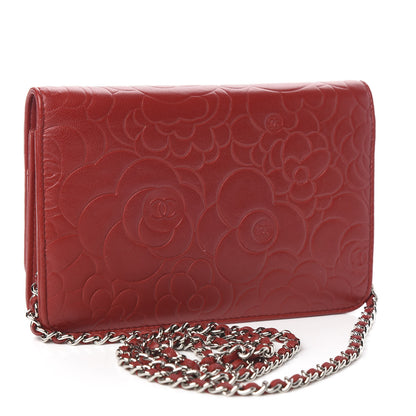 Chanel Lambskin Camellia Embossed Wallet On Chain WOC Dark Red 3 of 13