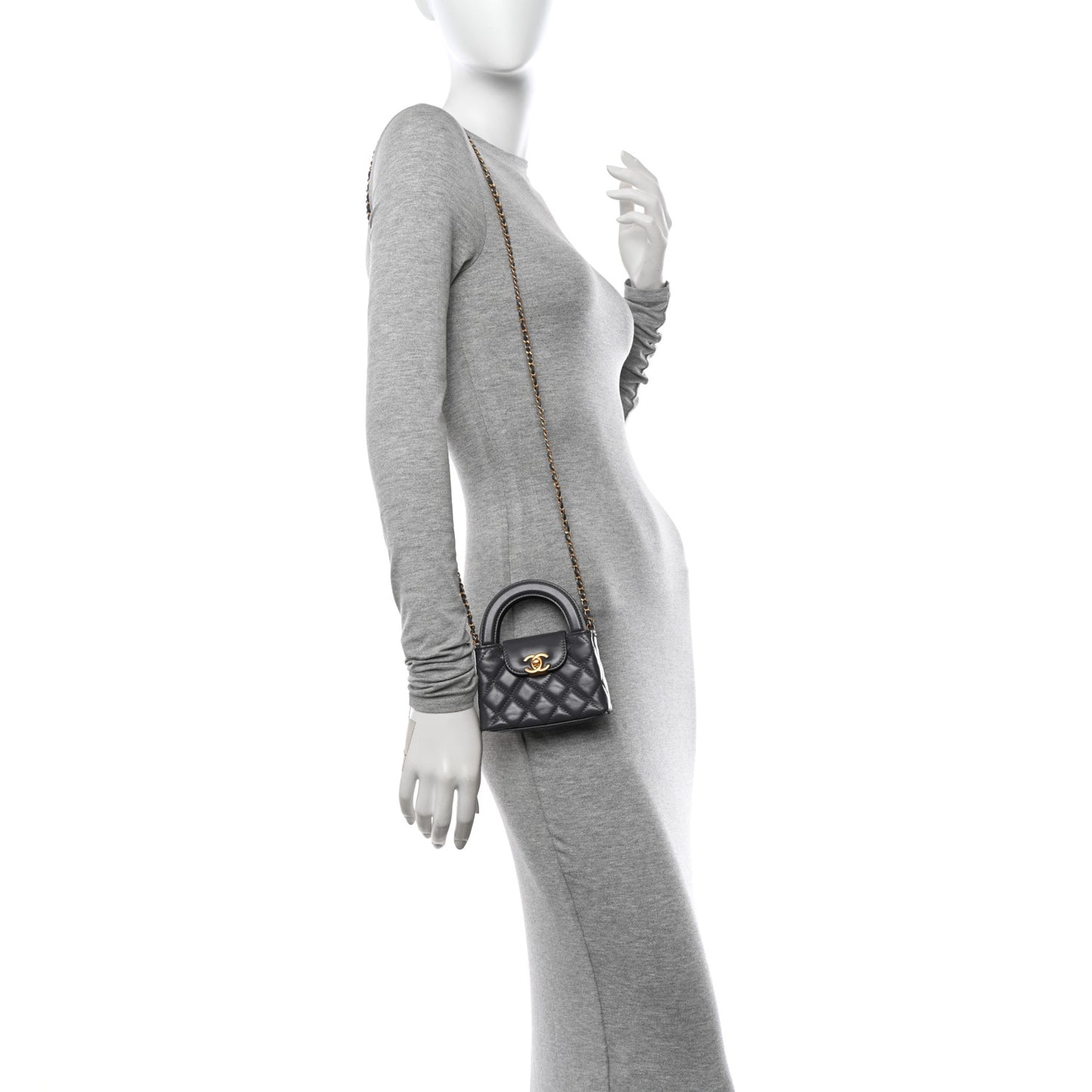 Shiny Aged Calfskin Quilted Mini Nano Kelly Shopper Grey