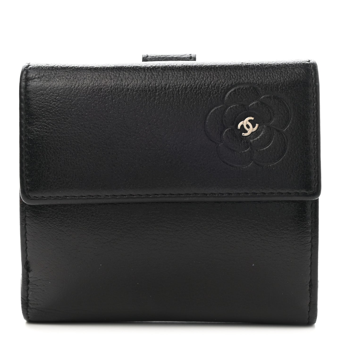 Glazed Goatskin Camellia Embossed French Flap Wallet Black