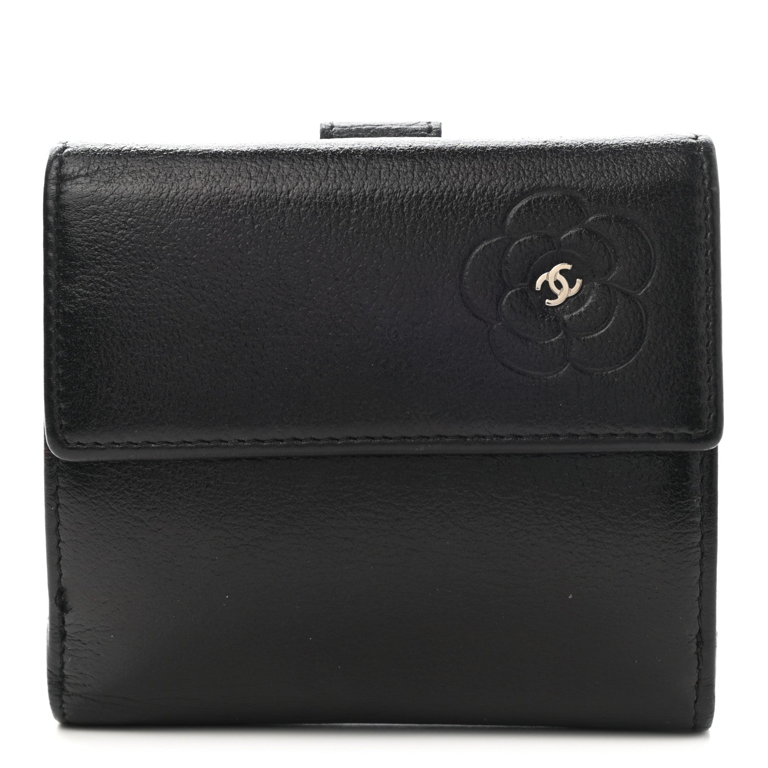 Chanel Glazed Goatskin Camellia Embossed French Flap Wallet Black 1 of 12