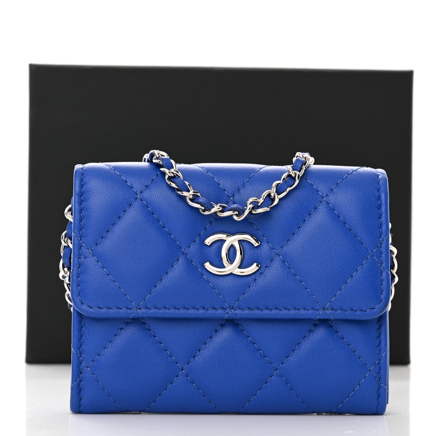 Chanel Lambskin Quilted Flap Card Holder On Chain Blue 12 of 12