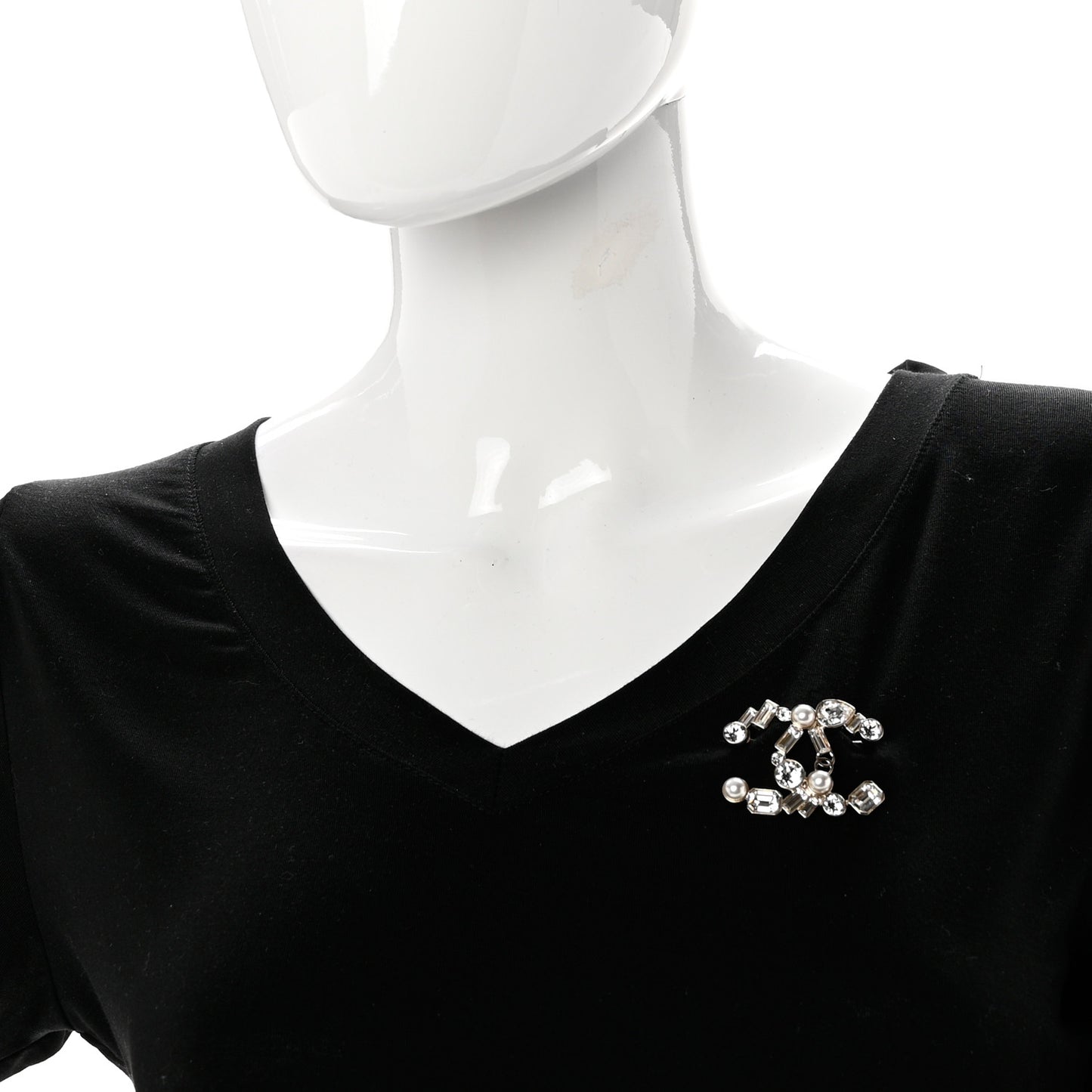 Crystal Baguette Pearl CC Brooch Gold