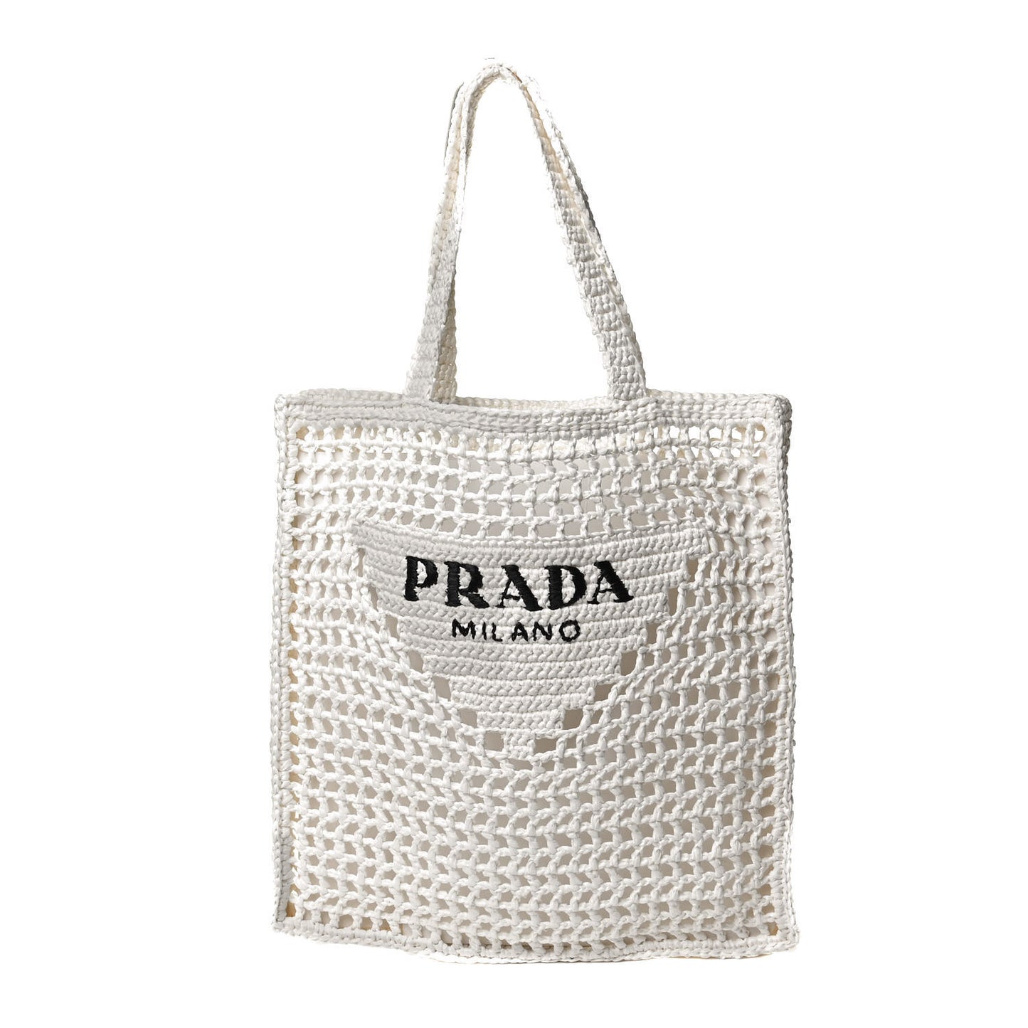 Yarn Raffia Effect Crochet Logo Embroidered Tote Bag White