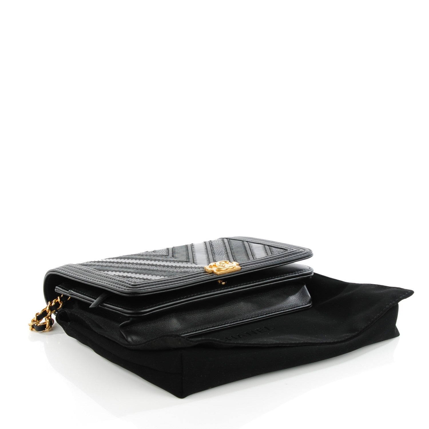 Chanel Calfskin Caviar Chevron Quilted Medium Mixed Boy Wallet On Chain WOC Black 4 of 9