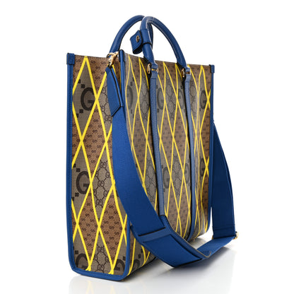 Gucci GG Supreme Monogram Mix Textured Dollar Calfskin Rhombus Inlay Large Tote Bag Beige Ebony Harvest Joy Blue 3 of 10
