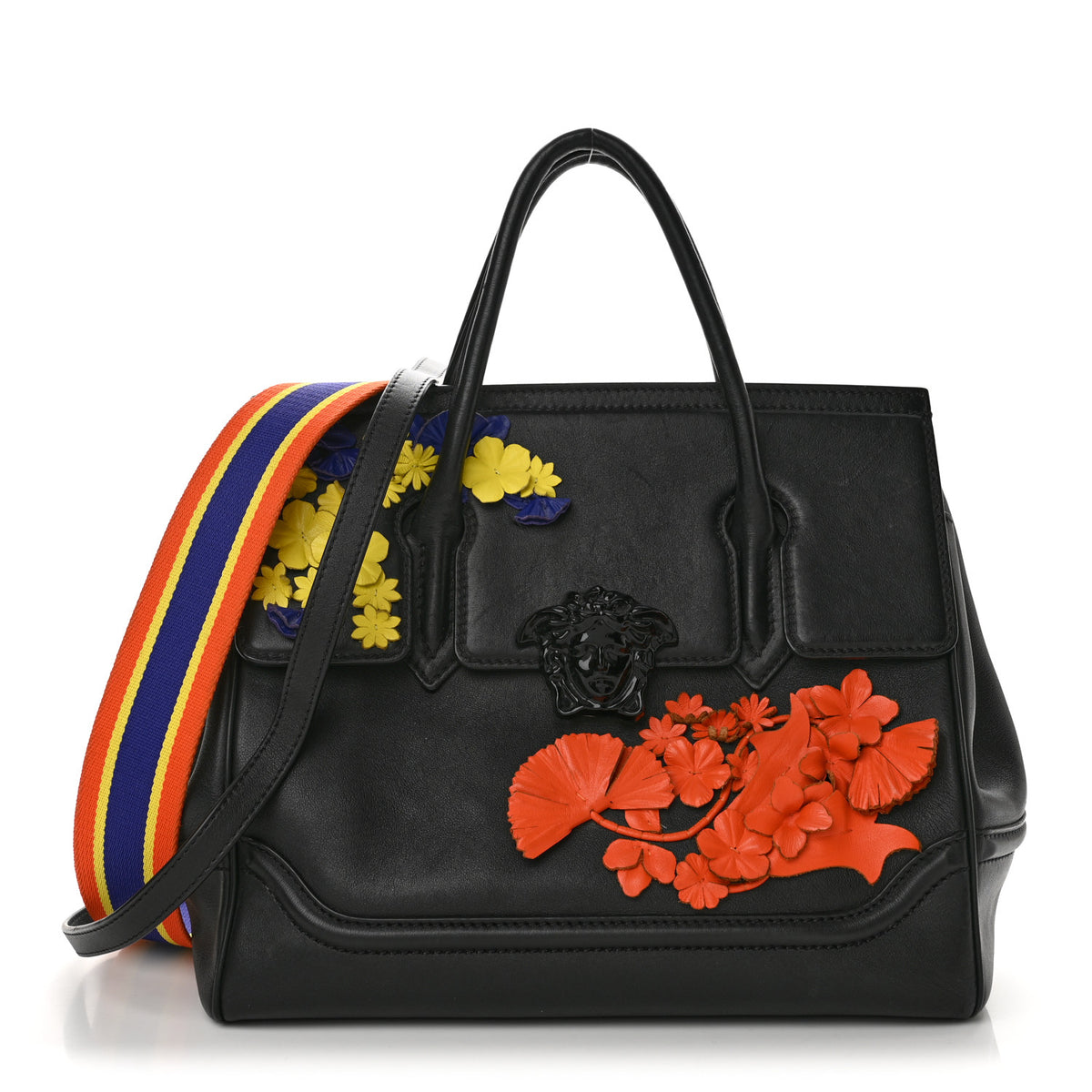 Versace Calfskin Flower Embroidered Medium Palazzo Empire Bag Black Multicolor 1 of 14