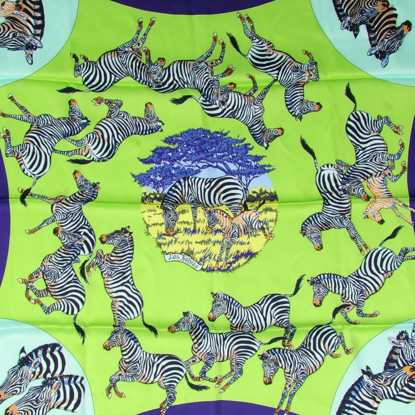 Silk Les Zebras Scarf 70 Vert Pistache Bleu