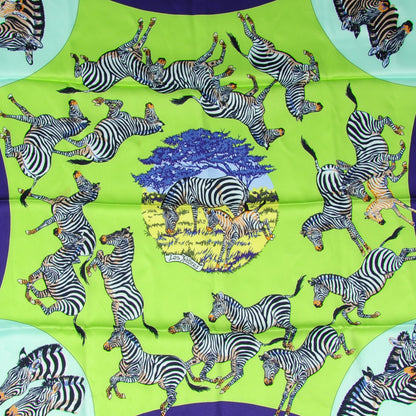 Hermes Silk Les Zebras Scarf 70 Vert Pistache Bleu 1 of 5