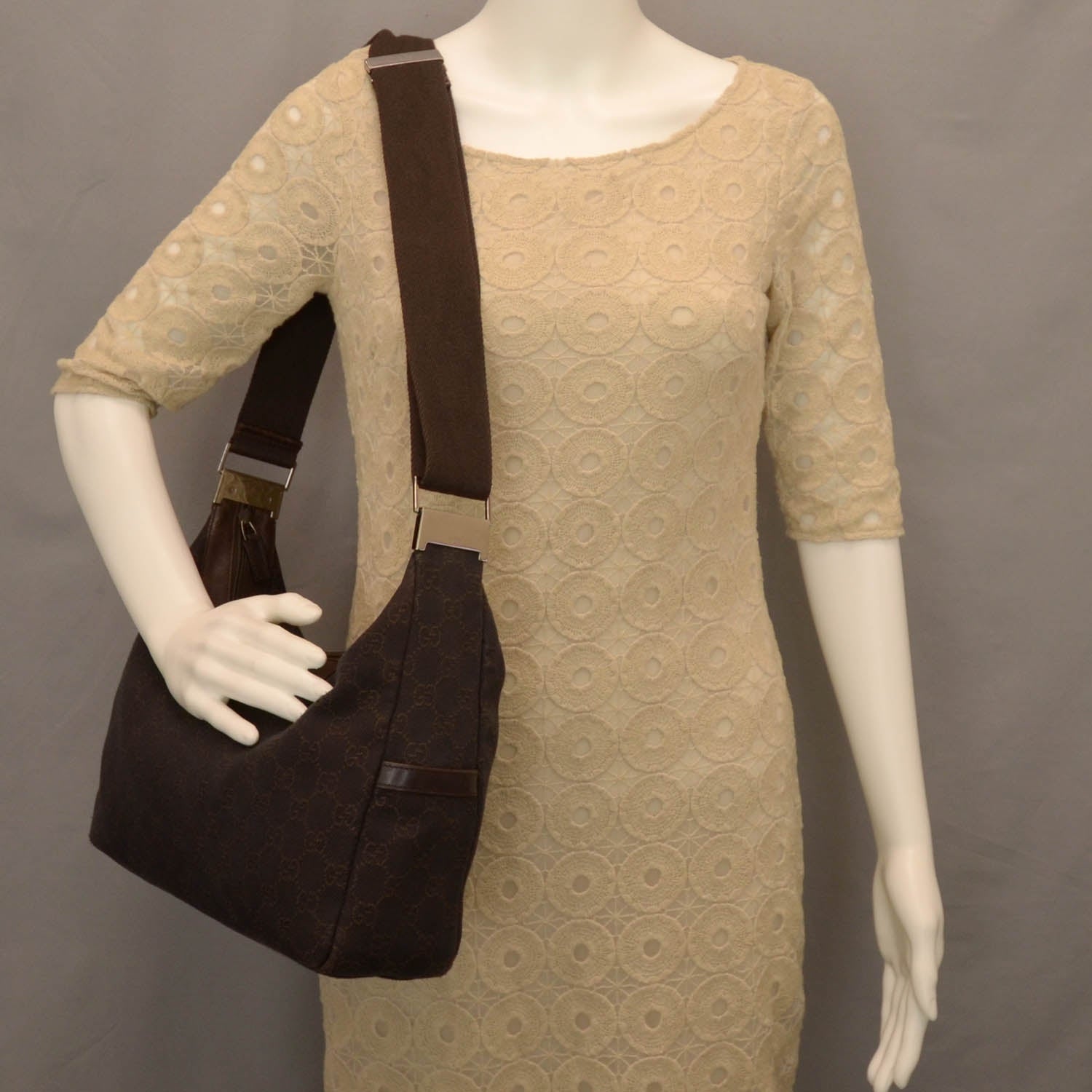 Gucci Denim Monogram Shoulder Bag Brown 2 of 9