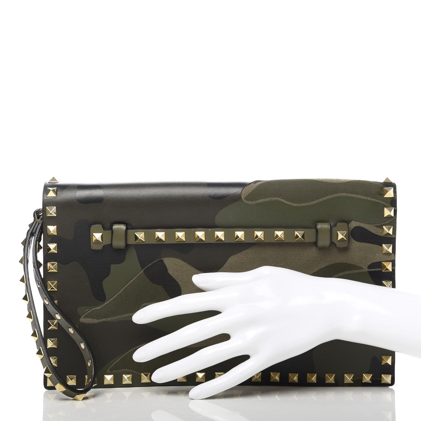 Nappa Canvas Camouflage Rockstud Wristlet Clutch Army Green