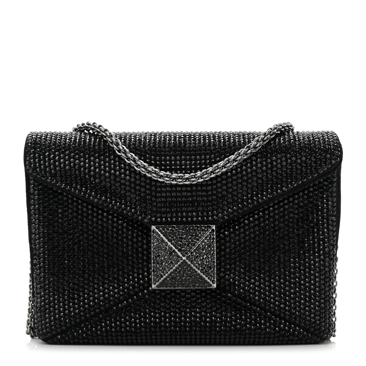 Crystal Suede Embellished Small One Stud Clutch With Chain Black