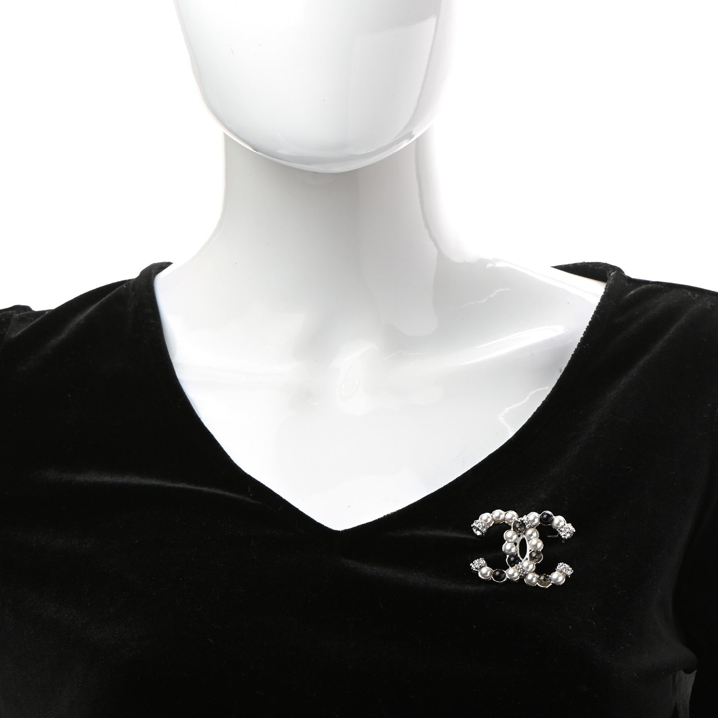 Pearl Crystal Bead CC Brooch Silver Black