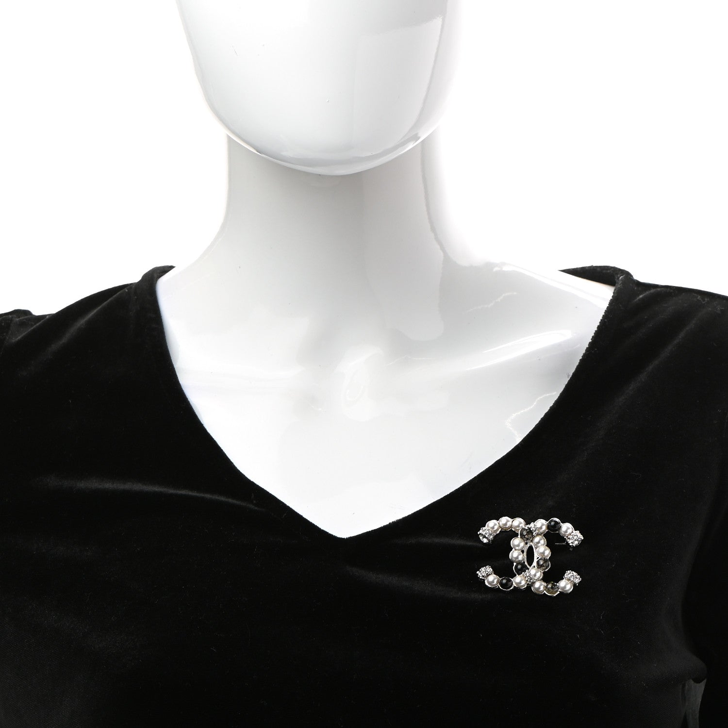 Chanel Pearl Crystal Bead CC Brooch Silver Black 2 of 5