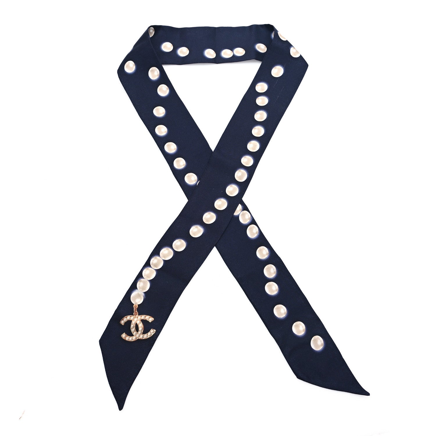 Chanel Silk Pearl CC Slim Bandeau Scarf Dark Navy 1 of 3
