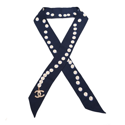 Chanel Silk Pearl CC Slim Bandeau Scarf Dark Navy 1 of 3