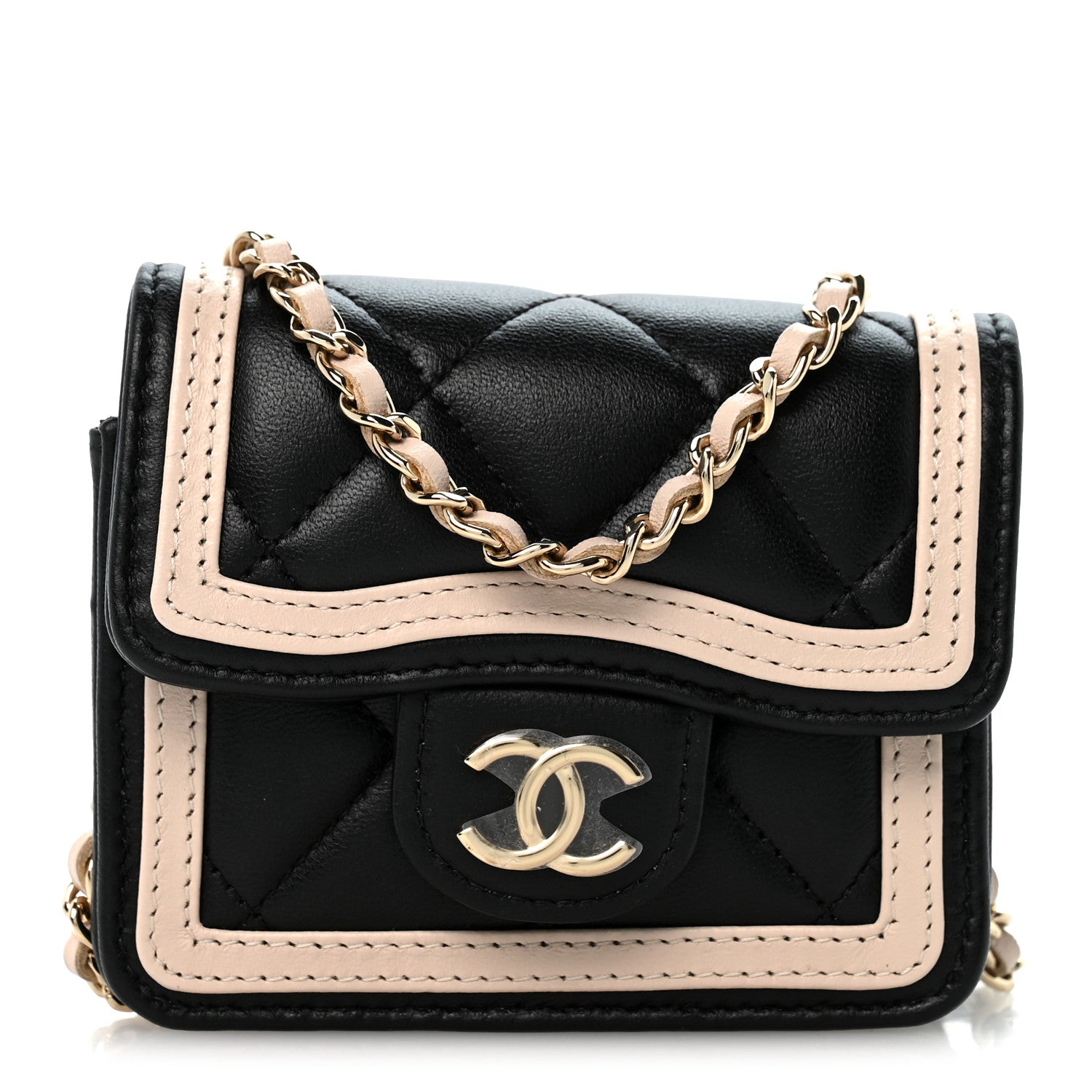 Chanel Lambskin Quilted Flap Clutch On Chain Black Beige 1 of 11