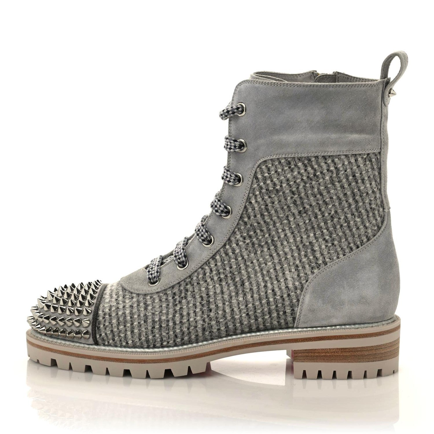 Christian Louboutin Suede Tweed Spikes Flat Boots 37.5 Grey 1 of 8