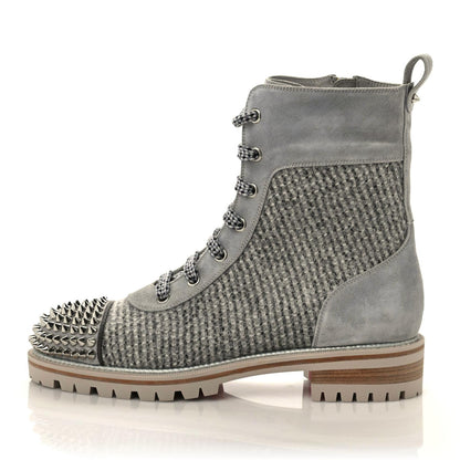 Christian Louboutin Suede Tweed Spikes Flat Boots 37.5 Grey 1 of 8