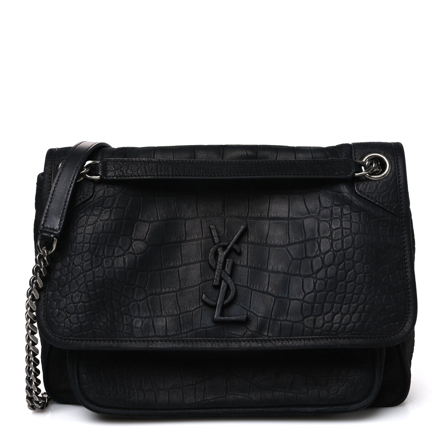 Nubuck Crocodile Embossed Monogram Medium Niki Chain Satchel Black