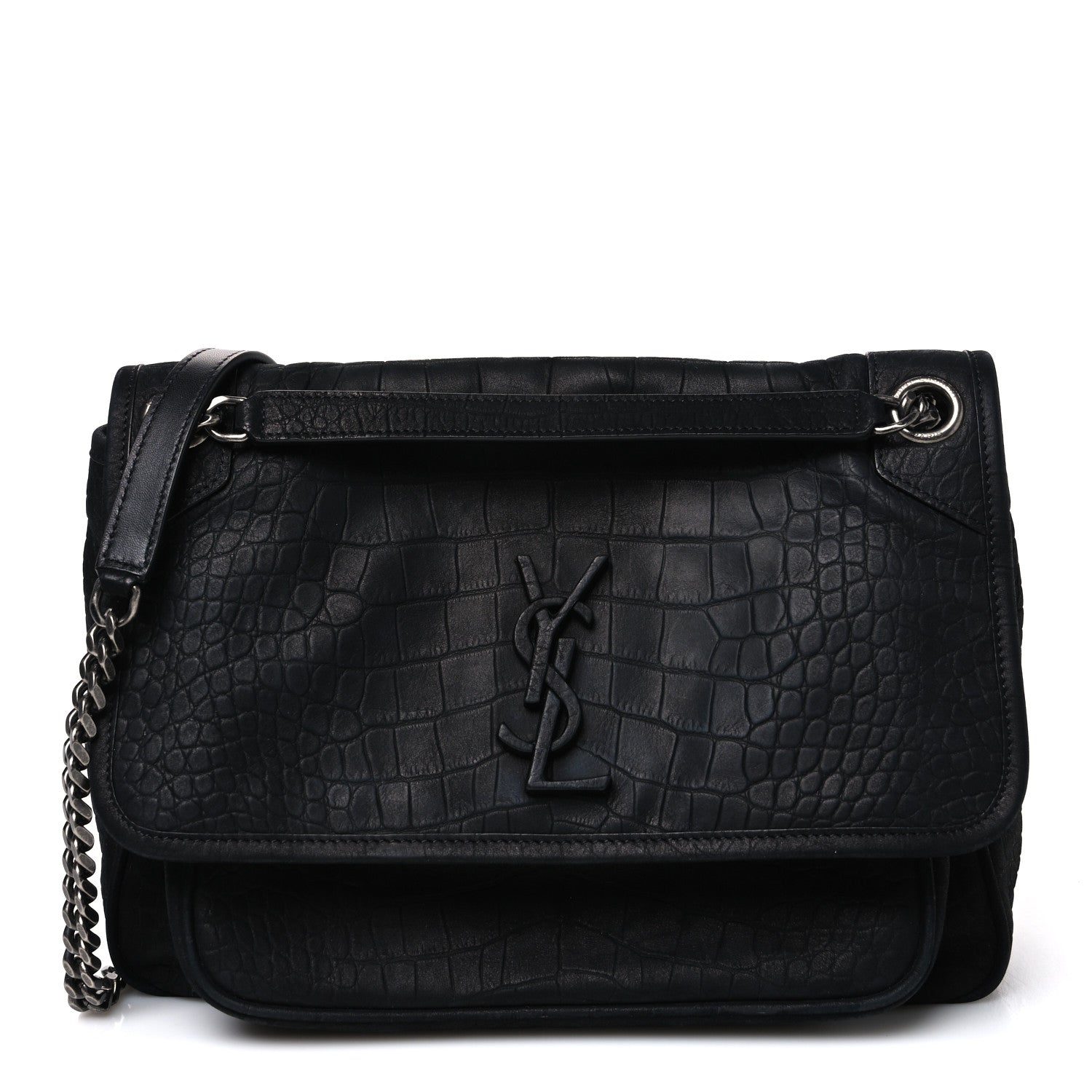 Saint Laurent Nubuck Crocodile Embossed Monogram Medium Niki Chain Satchel Black 1 of 10