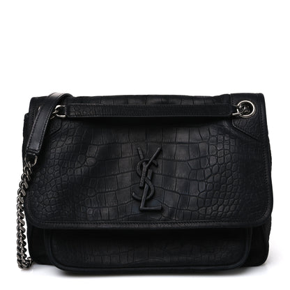 Saint Laurent Nubuck Crocodile Embossed Monogram Medium Niki Chain Satchel Black 1 of 10