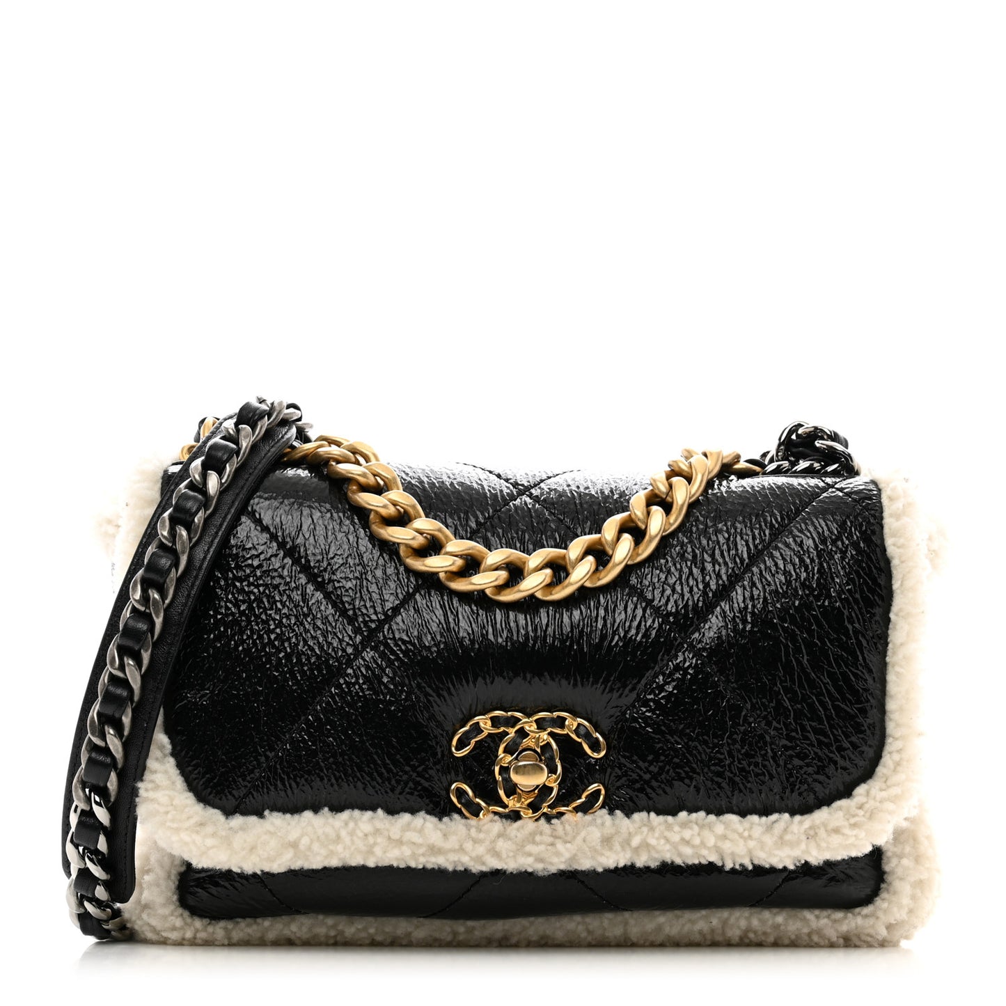 Crumpled Calfskin Shearling Sheepskin Quilted Medium Chanel 19 Flap Black