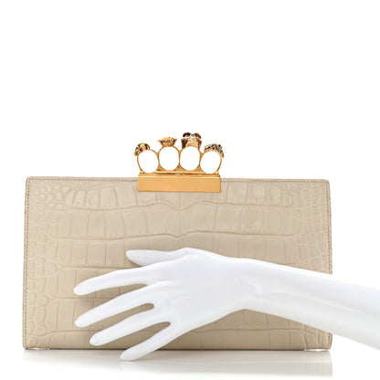 Alexander McQueen Calfskin Crocodile Embossed Knuckle Flat Clutch Ivory 2 of 11