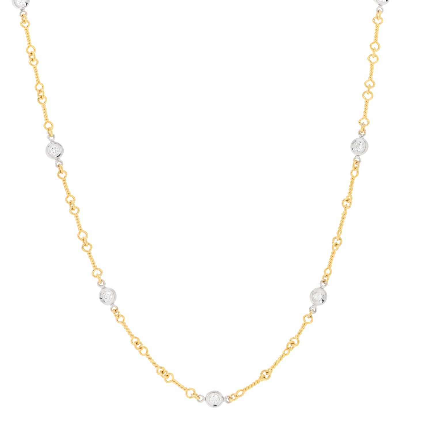Roberto Coin 18K Yellow White Gold Diamond By the Inch Seven Station Dog Bone Necklace 1 of 4