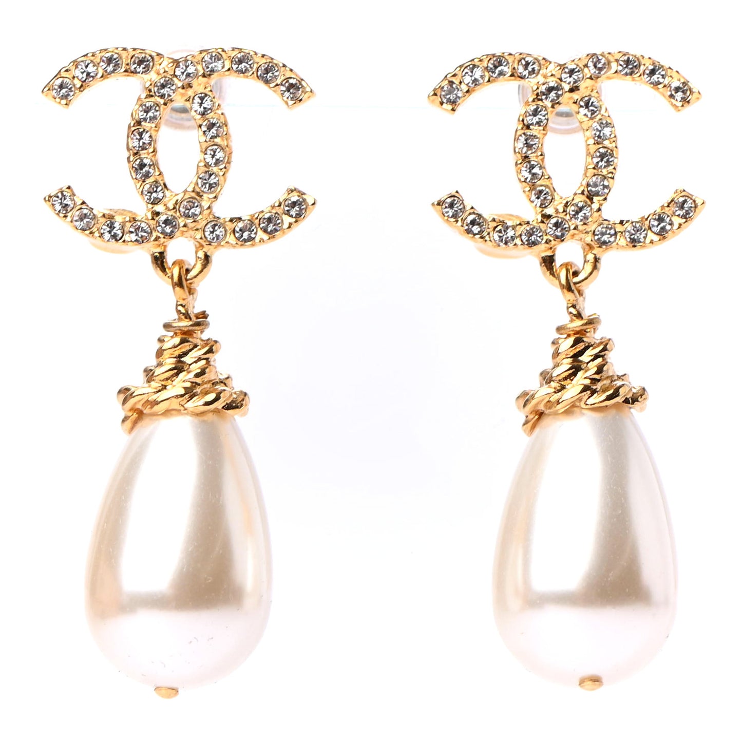 Crystal Pearl CC Drop Earrings Gold