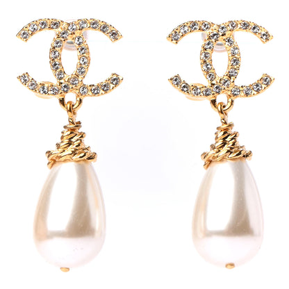 Chanel Crystal Pearl CC Drop Earrings Gold 1 of 4