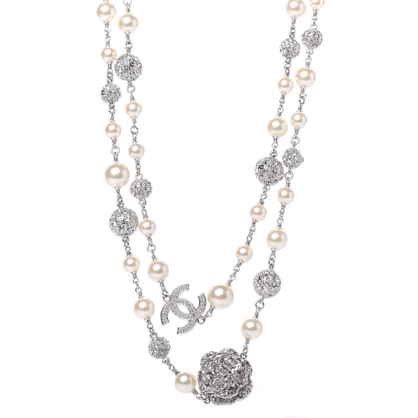 Pearl Crystal CC Camellia Long Necklace Silver