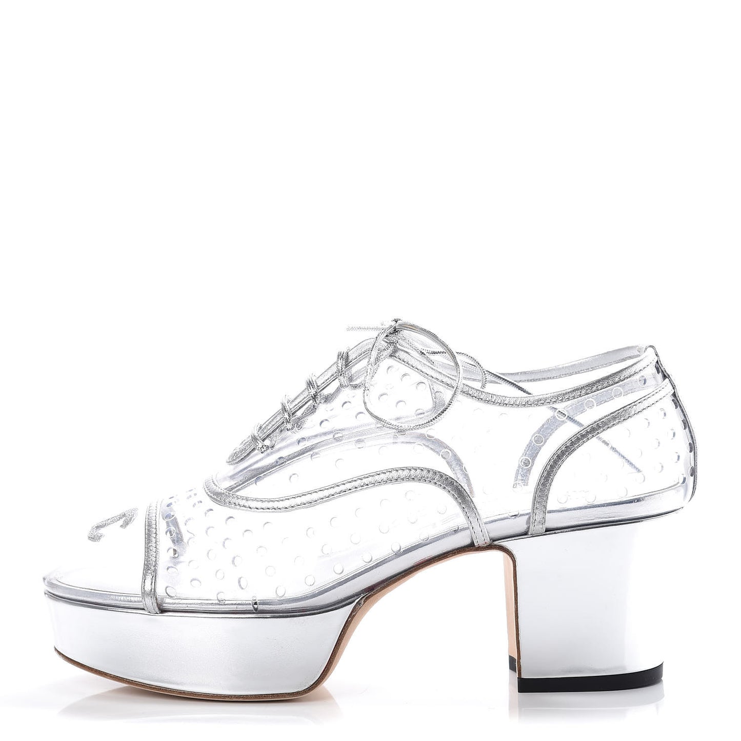 Metallic Calfskin PVC Cap Toe Lace Up Platform Heels 36 Silver