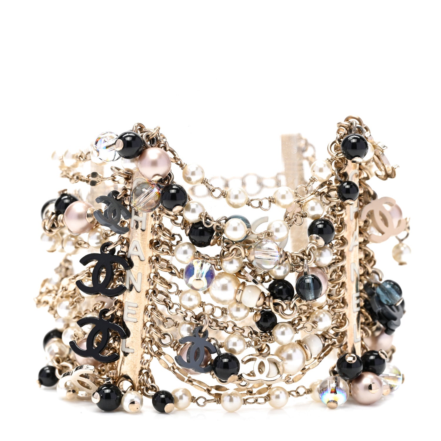 Chanel Pearl Bead Crystal CC Multi Strand Byzantine Chain Black Gold 1 of 5