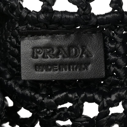 Prada Yarn Raffia Effect Crochet Logo Embroidered Tote Bag Black 6 of 11