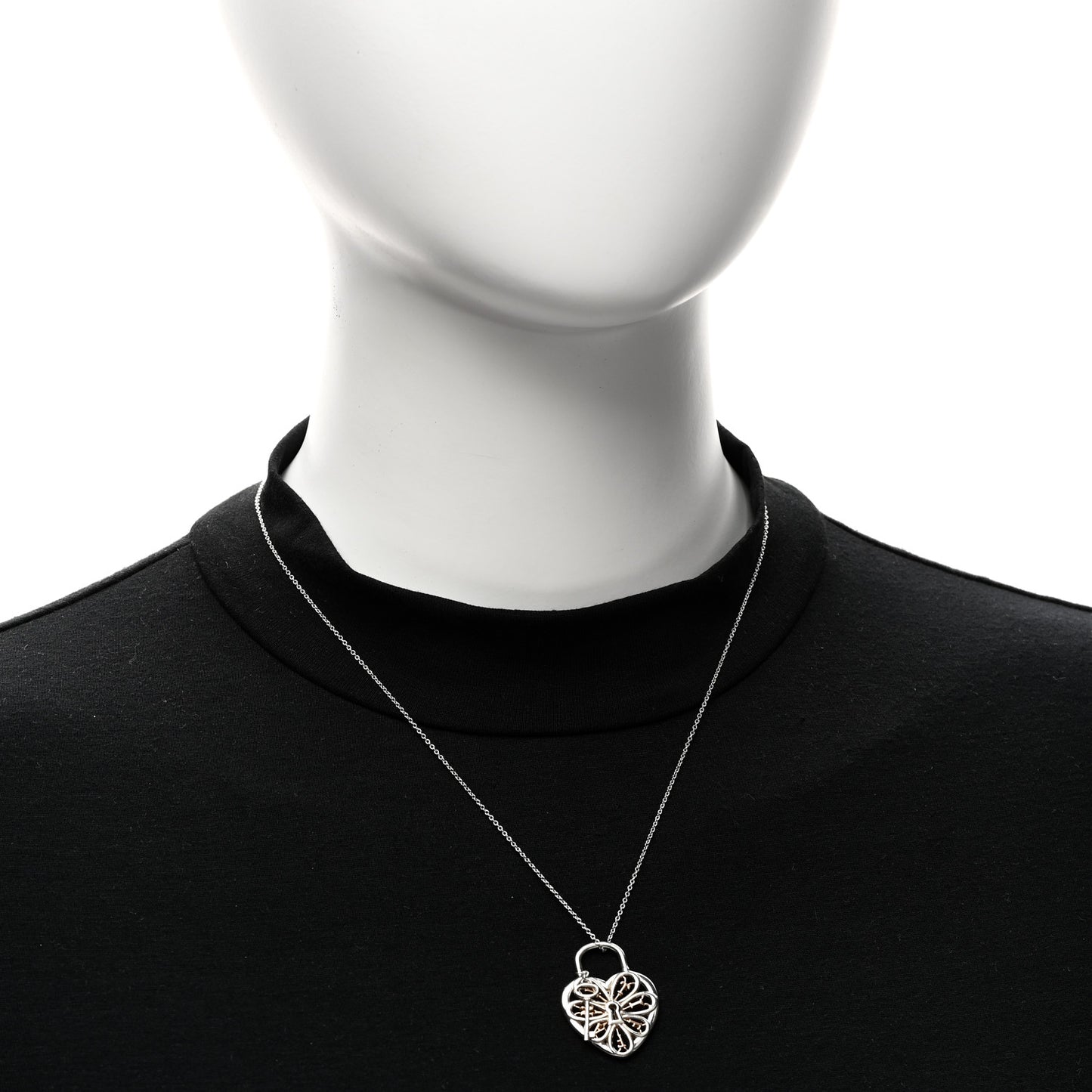 Sterling Silver 18K Rose Gold Filigree Heart Key Pendant Necklace