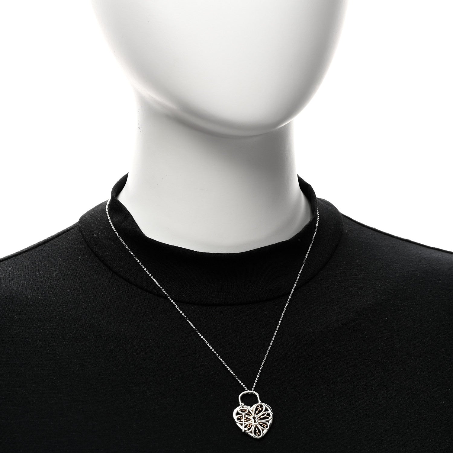 Tiffany Sterling Silver 18K Rose Gold Filigree Heart Key Pendant Necklace 2 of 5