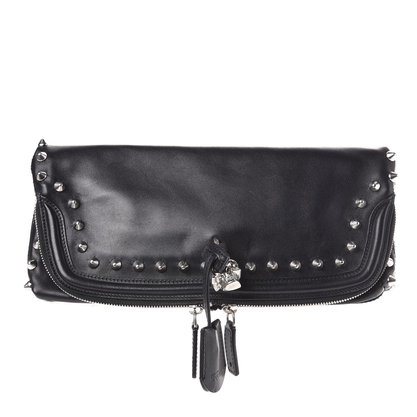 Calfskin Studded Padlock Skull Clutch Black