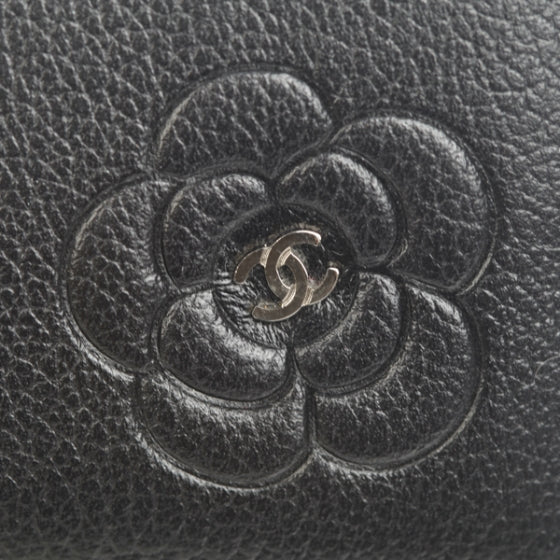 Leather Camellia Flap Wallet Black
