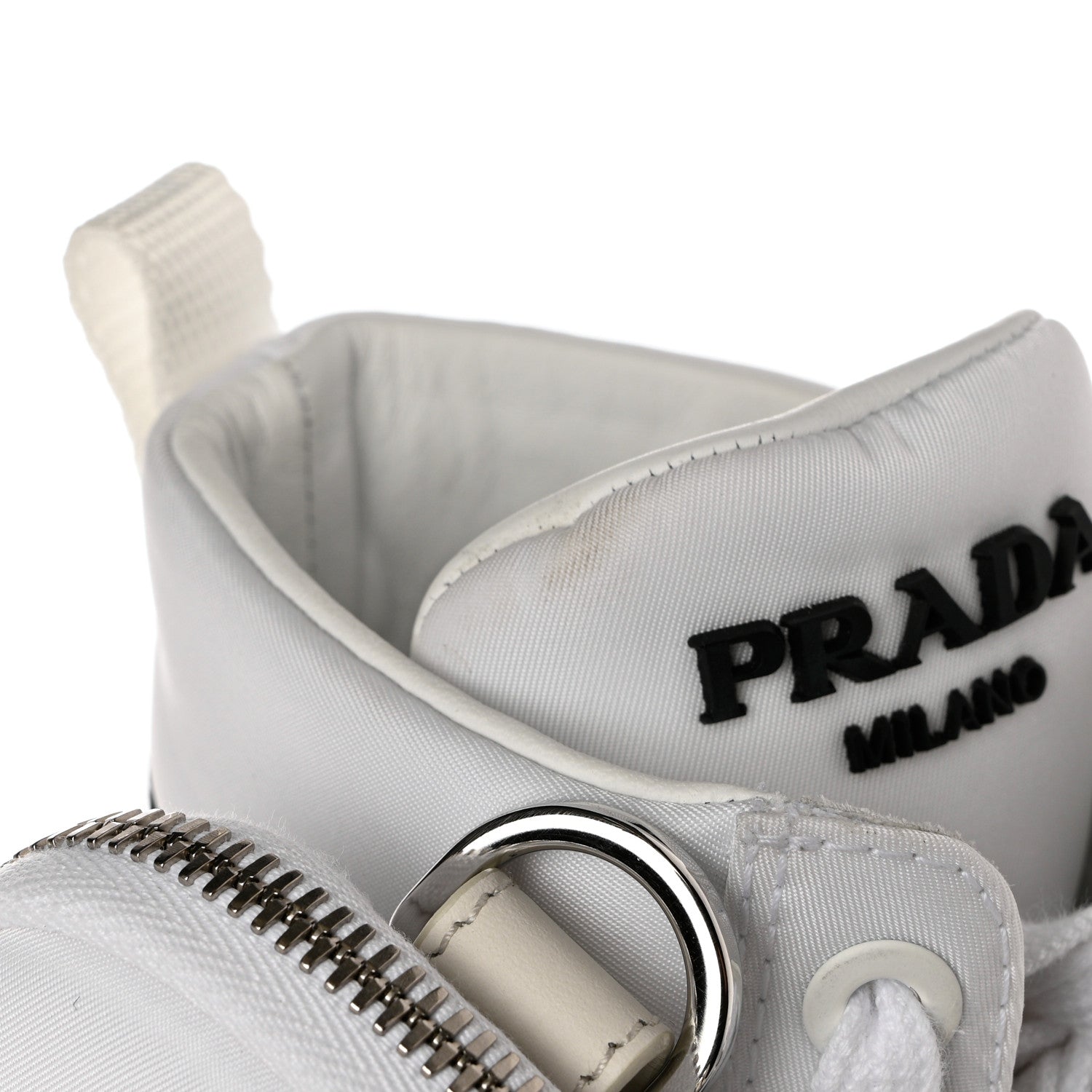 Prada Re-Nylon Gabardine Metal Triangle Logo Wheel Pouch Pocket High Top Sneakers 35.5 White 9 of 9